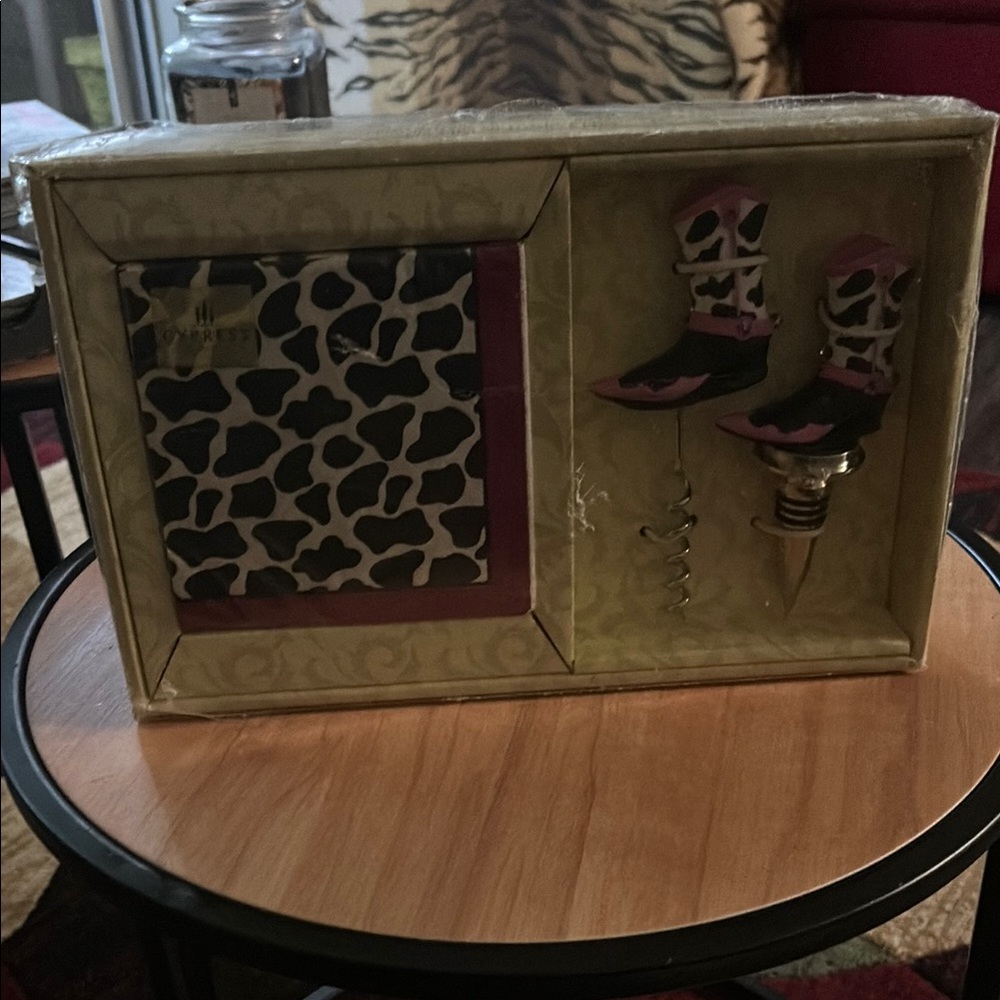 Cow Print Wine Set with Cowboy Boot Stopper, cork screw & napkins.